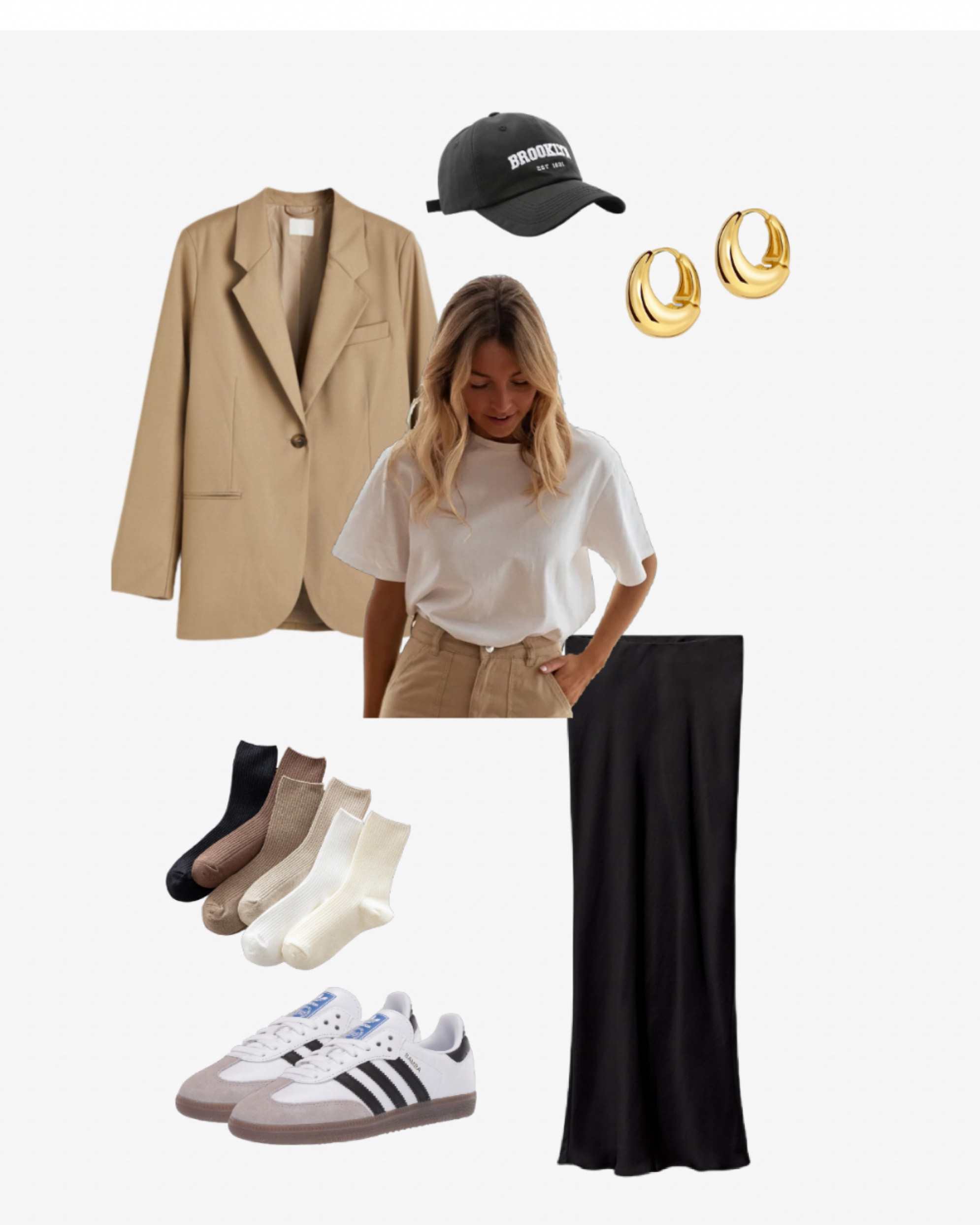 Casual spring transition outfit - pair a blazer with white tee, a satin skirt, sambas, and a hat to make it a vibe! 

#LTKSpringSale #LTKSeasonal #LTKstyletip