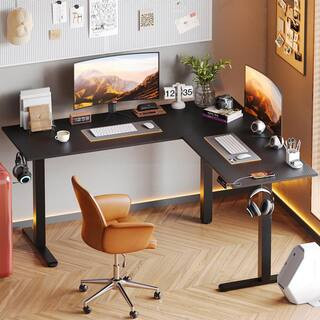 63 in. L-Shaped Black Carbon Fiber Wood Sit to Stand Desk with 3-Height Memory Presets and USB Po... | The Home Depot