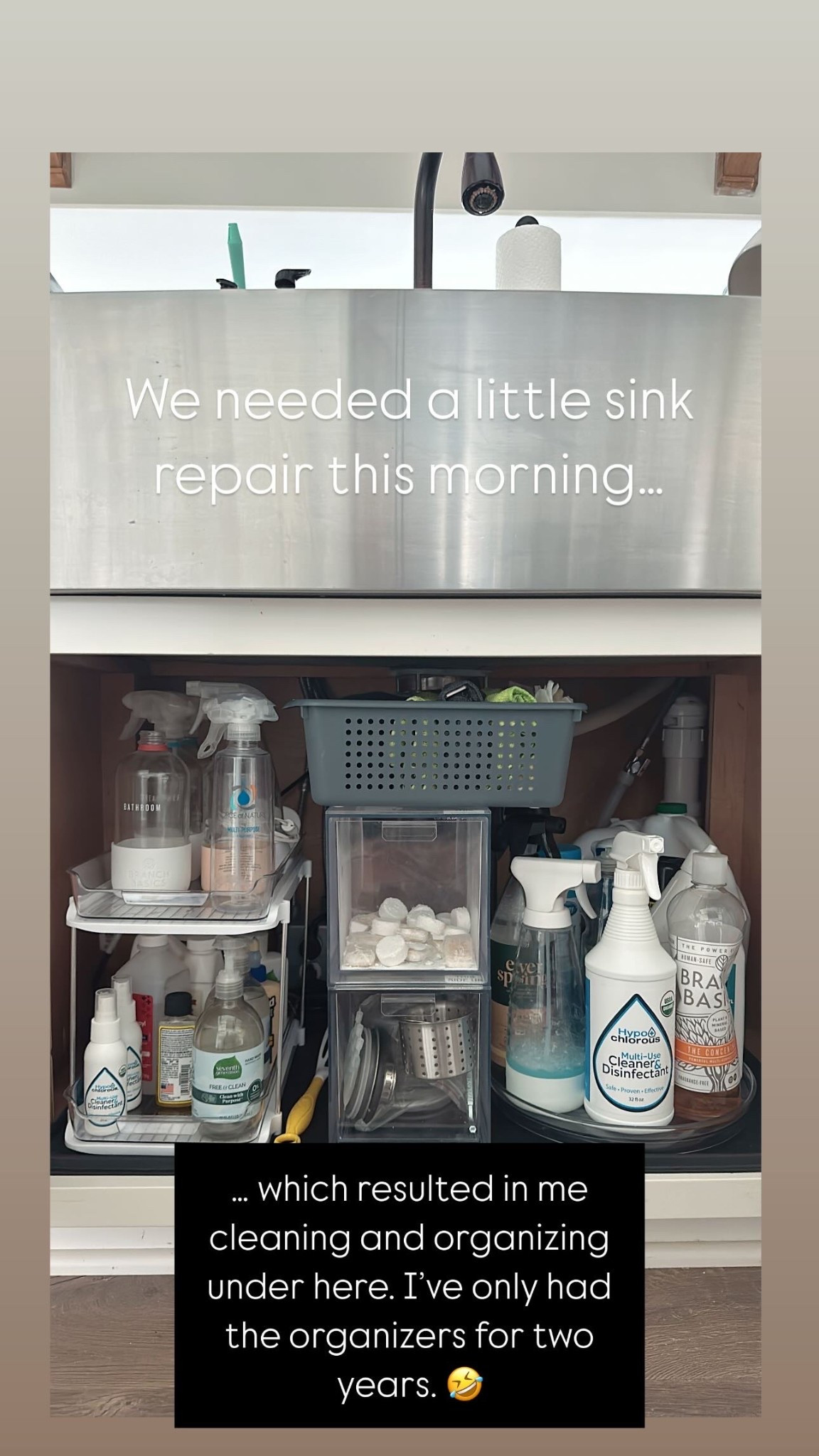 Under the sink, over the mess! Here’s my under the sink organization! Amazon organizers. Branch basics. Scrunchy mom. Non toxic (ish.) Clean home motivation. Spring cleaning. Kitchen Organization 

#LTKFamily #LTKOver40 #LTKHome
