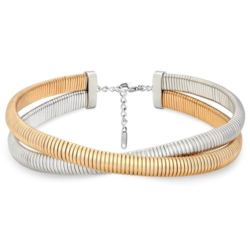 BONJOULRY Chunky Gold 2 Layered Choker Necklace for Women Trendy, 14K Gold Plated Twisted Snake Chain Statement Necklace Multi Layering Necklaces Jewelry Gifts Two Tone | Amazon (US)