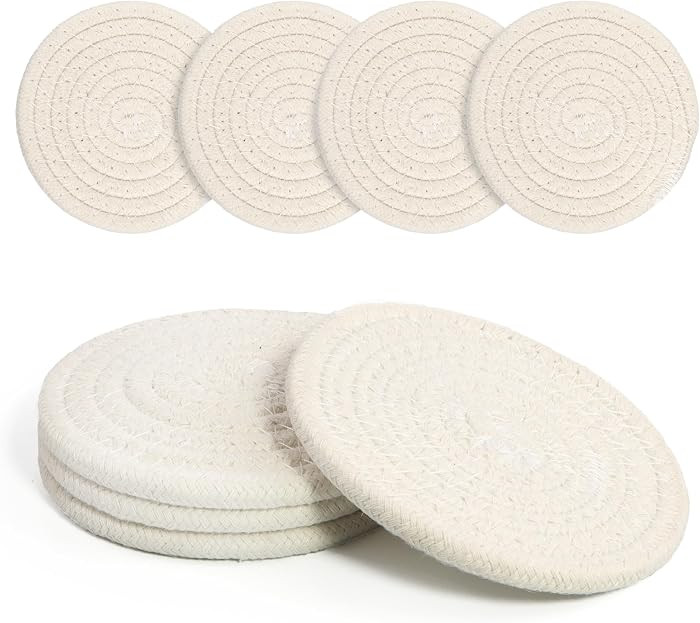 Coasters Set of 4 for Drinks, Cotton Woven 4 Colors Absorbent Boho Coasters for Home Decor Cups - Hot or Cold Drink Thickened (White) | Amazon (US)