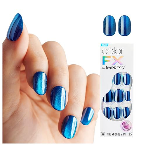 KISS colorFX by imPRESS Press On Nails , ‘Reconnect’, Solid Blue with Pearlescent Finish, Short Oval, IMPROVED adhesive, Includes 30 Fake Nails, Prep Pad, 1 Manicure Stick, 1 Mini Nail File | Amazon (US)