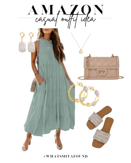 Amazon outfit idea, casual outfit idea, summer outfit idea, halter dress, halter maxi dress, maxi sundress, halter sundress, flowy sundress, boho sundress, pearl embellished sandals, embellished sandals, pearl sandals, slide sandals, beige purse, quilted purse, crossbody purse, initial necklace, dainty necklace, pearl earrings, pearl bracelets, summer jewelry, trendy jewelry 

#LTKShoeCrush #LTKItBag #LTKFindsUnder50