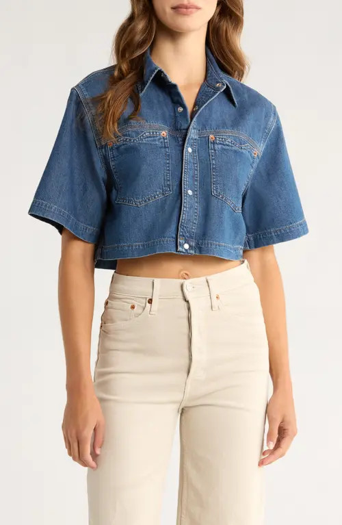 Re/Done Oversize Crop Denim Button-Up Shirt in Rustic Indigo at Nordstrom, Size Medium | Nordstrom