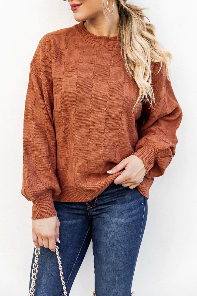 Without A Care Rust Checkered Crew Neck Sweater | Pink Lily