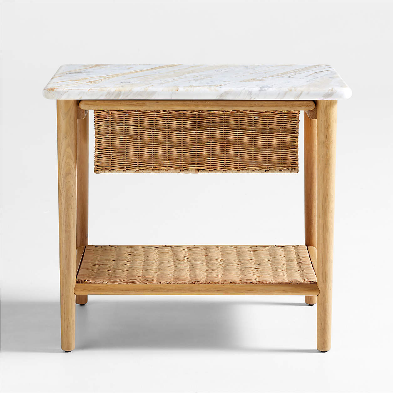 Aeree Natural Oak and Rattan Storage Side Table with Marble Top + Reviews | Crate & Barrel | Crate & Barrel