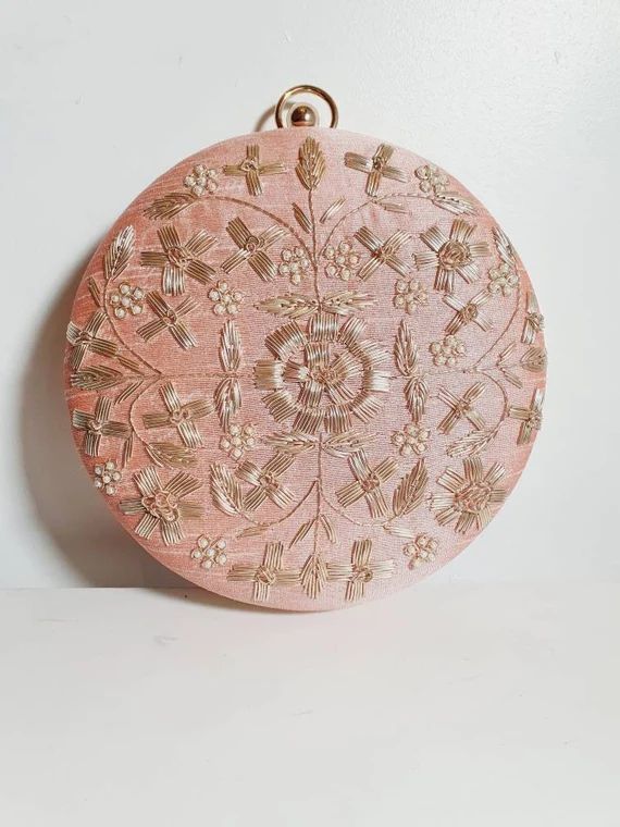 Unique round bag with detachable chain. A peach pink with stitched gold embroidery! Available in ... | Etsy (US)