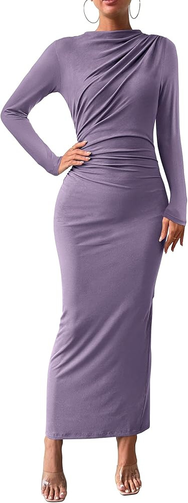 BTFBM Women Bodycon Maxi Dress Long Sleeve Back Slit Ruched Elegant Party Cocktail Formal Fall We... | Amazon (US)