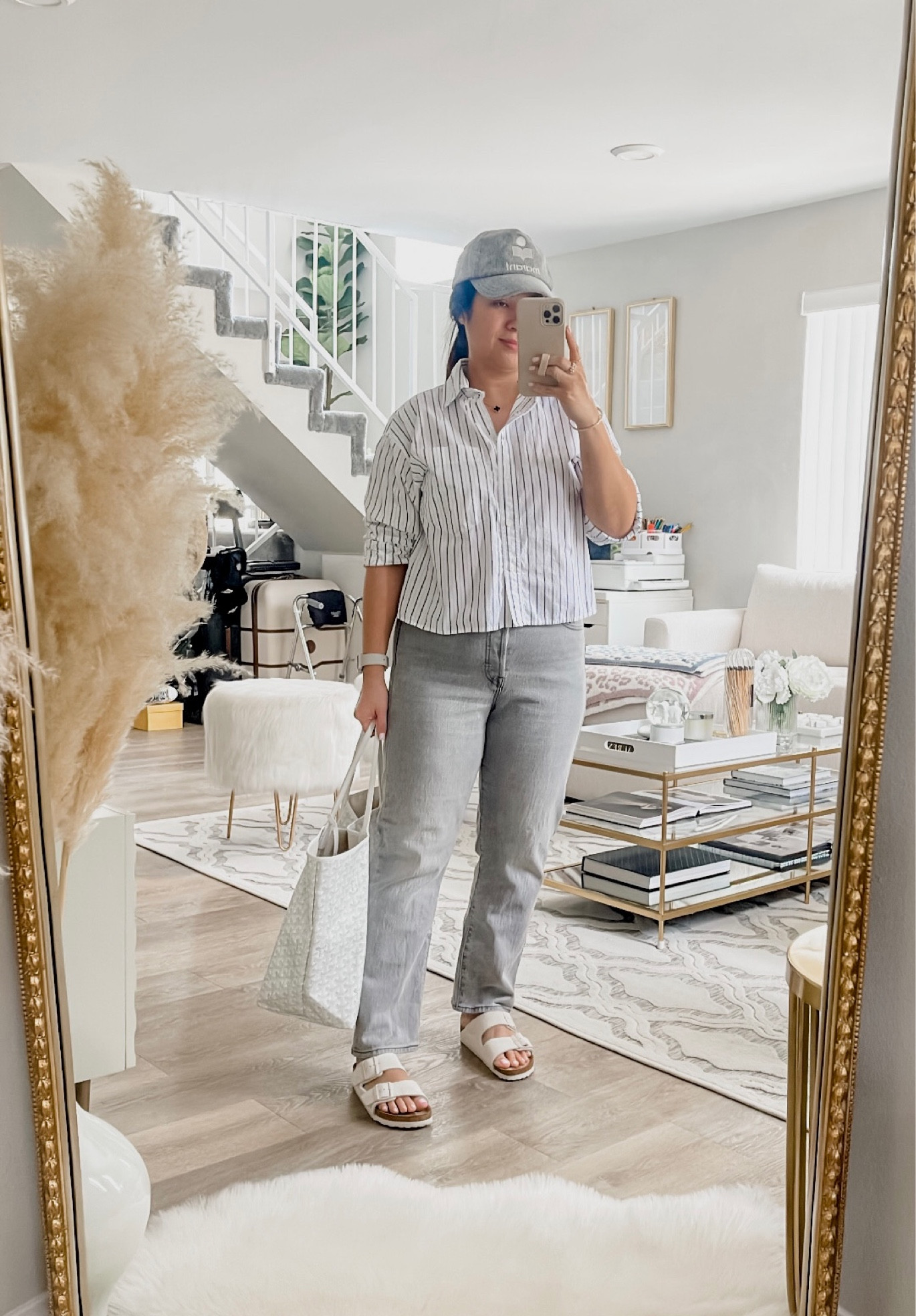 cropped button down shirt in medium 

Levis grey jeans in size 31 with 26 inch inseam

white/grey arizona birkenstock 

#LTKstyletip #LTKsalealert #LTKunder100