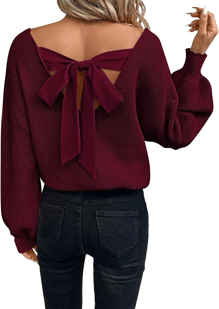 Womens Pullover Sweaters Casual Long Sleeve V Neck Loose Fit Knit Tops | Amazon (US)