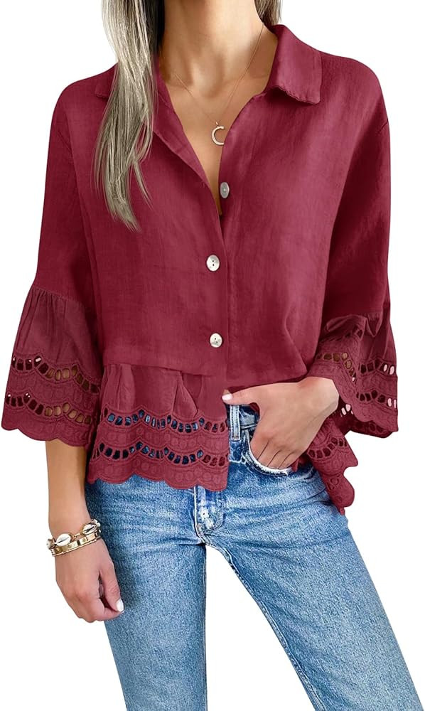 Cicy Bell Womens Casual Button Up Shirts Trendy Loose Hollow Out Ruffle Hem and 3/4 Sleeve Blouse... | Amazon (US)