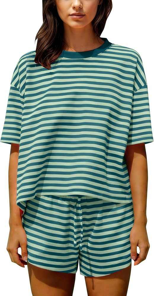 Ythomm Striped Pajamas Shorts Sets Women 2 Piece Lounge Outfits Short Sleeve Tees Drawstring Shor... | Amazon (US)