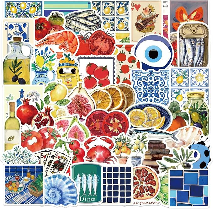 50Pcs Mediterranean Food Stickers, Cartoon Mediterranean Tomato Food Vinyl Decals for Decor Lapto... | Amazon (US)