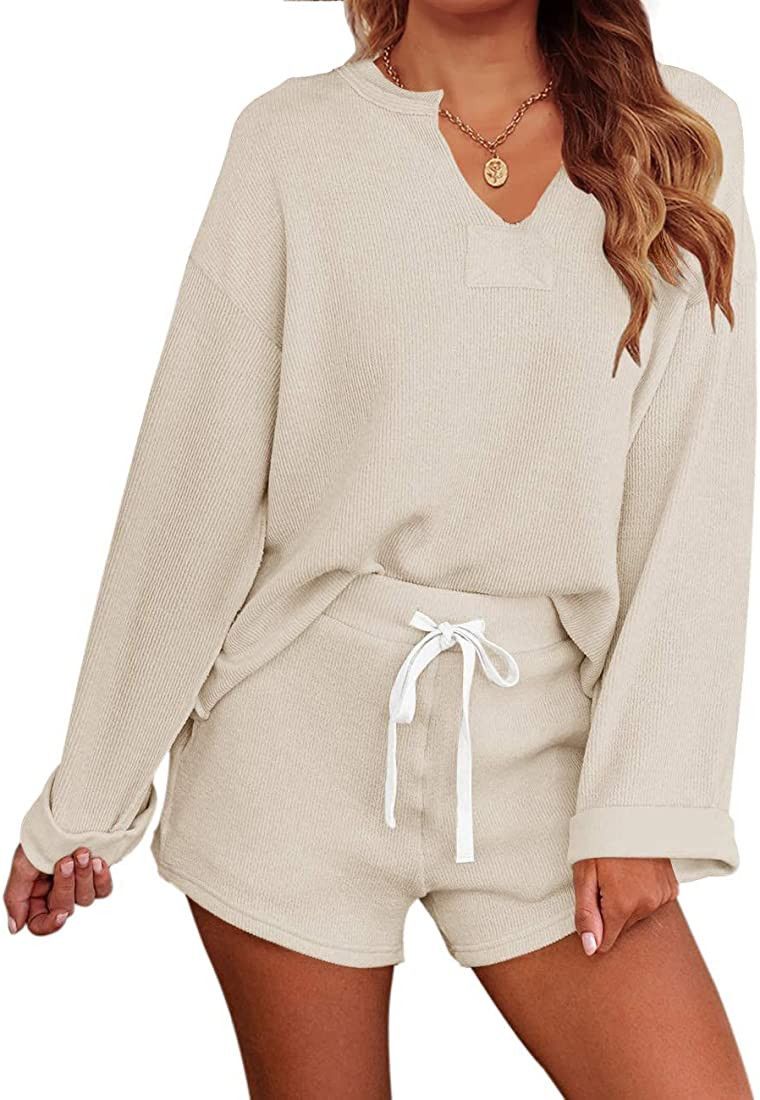 MEROKEETY Women's Long Sleeve Pajama Set Henley Knit Tops and Shorts Sleepwear Loungewear, Beige,... | Amazon (US)