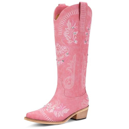 Lumeheel Pink Cowgirl Boots for Women - Sparkly Rhinestone Retro Country Western Hot Pink Cowboy Boots with Classic Embroidered, Pointed Toe Chunky Heel Pull on Vintage Pink Boots US - 5.5 | Amazon (US)