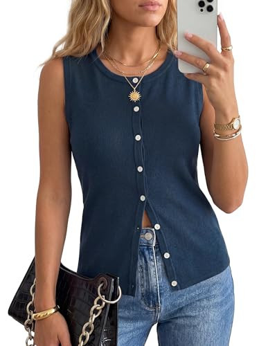 Arach&Cloz Women's Vest Tops 2026 Summer Sleeveless Sweater Knit Tank Tops Spring Wool Blend Crew Neck Button Down Trendy Business Casual Outfits Dark Blue M | Amazon (US)