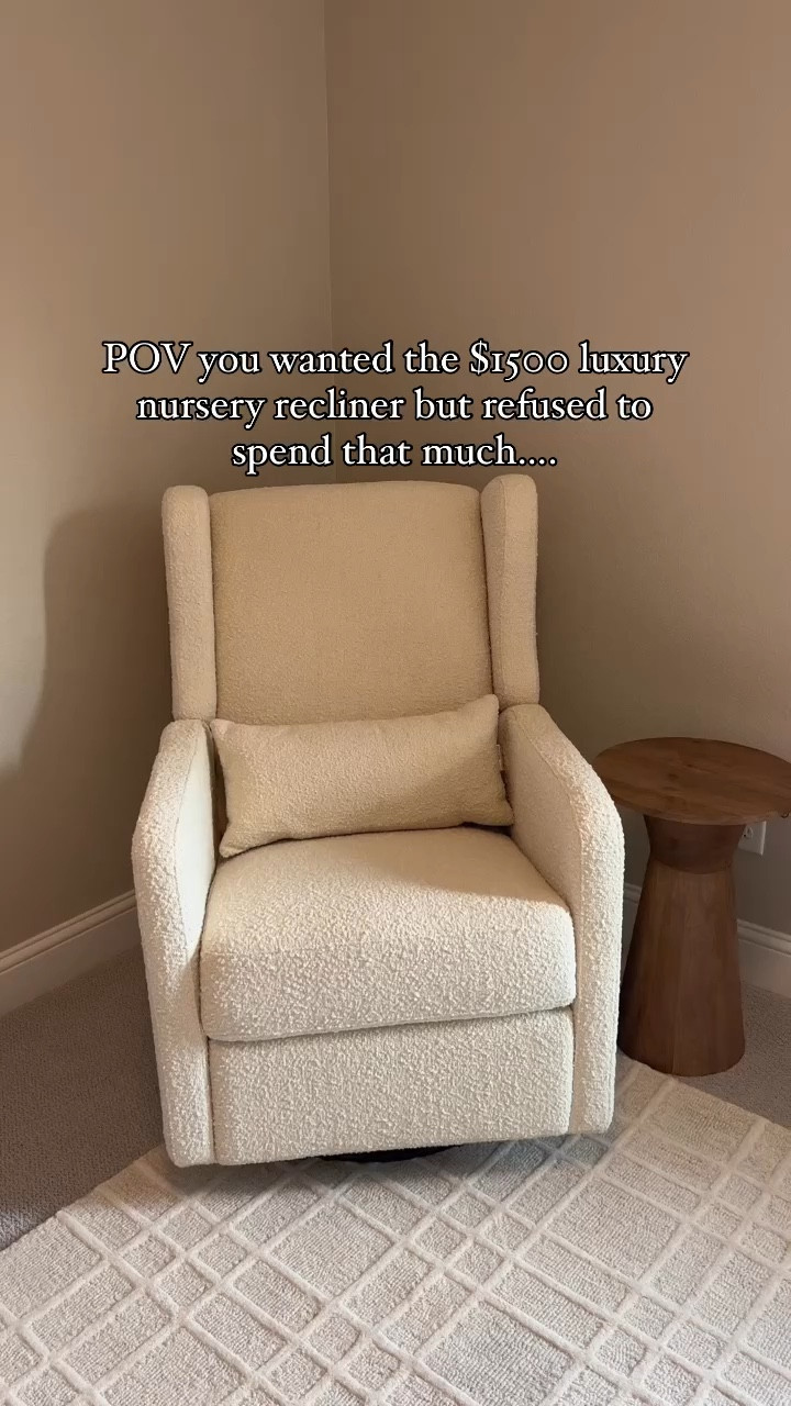 Nursery recliner dupe ☁️ 

Nursery inspo
Nursery inspiration
Neutral nursery 
Boy nursery 
Girl nursery 
Boucle recliner
Baby on the way 
Baby stuff 