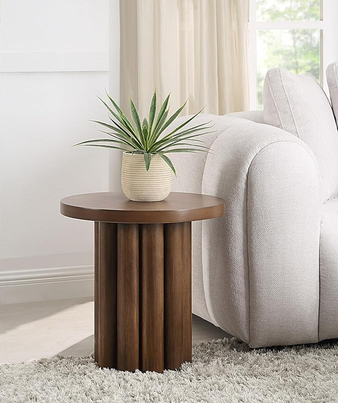 Round Side Table, 20" Modern Small Coffee Table Brown Finish End Table Unique Sofa Side Table Bed... | Amazon (US)