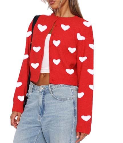 Women Cute Heart Print Cardigan Valentine’s Day Love Heart Button Front Sweater Long Sleeve Knit Crop Cardigan | Amazon (US)