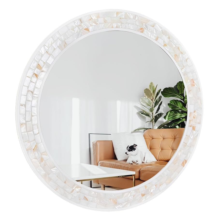 White Round Mirror 36 Inches, Shell Inlay Framed Circle Mirrors for Wall, Mosiac Mirror for Bathr... | Amazon (US)