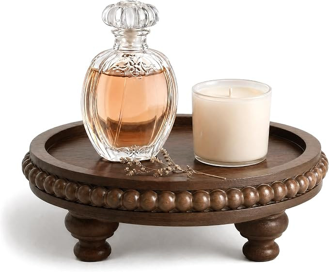 EOSAHR Acacia Round Wood Riser for Home Decor - Retro Beaded Pedestal Tray for Perfume Organizer,... | Amazon (US)