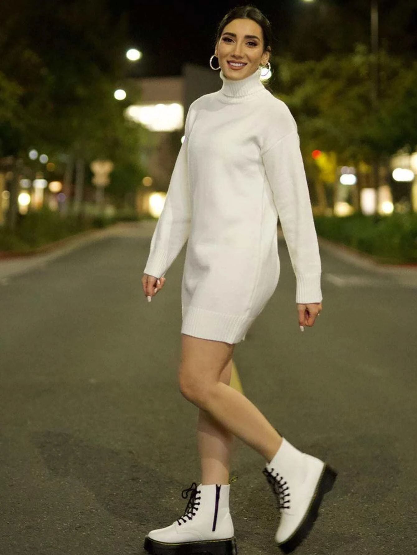 SHEIN High Neck Drop Shoulder Solid Sweater Dress | SHEIN