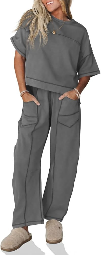 Fisoew Womens 2 Piece Outfits Lounge Sets Short Sleeve Tops and Wide Leg Pants Travel Vacation Ca... | Amazon (US)