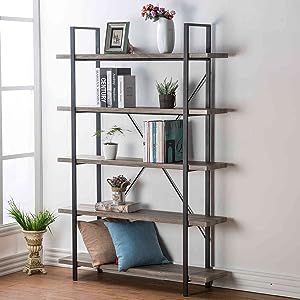 HSH 5-Shelf Vintage Industrial Rustic Bookshelf, Wood and Metal Bookcase, Open Etagere Book Shelf... | Amazon (US)