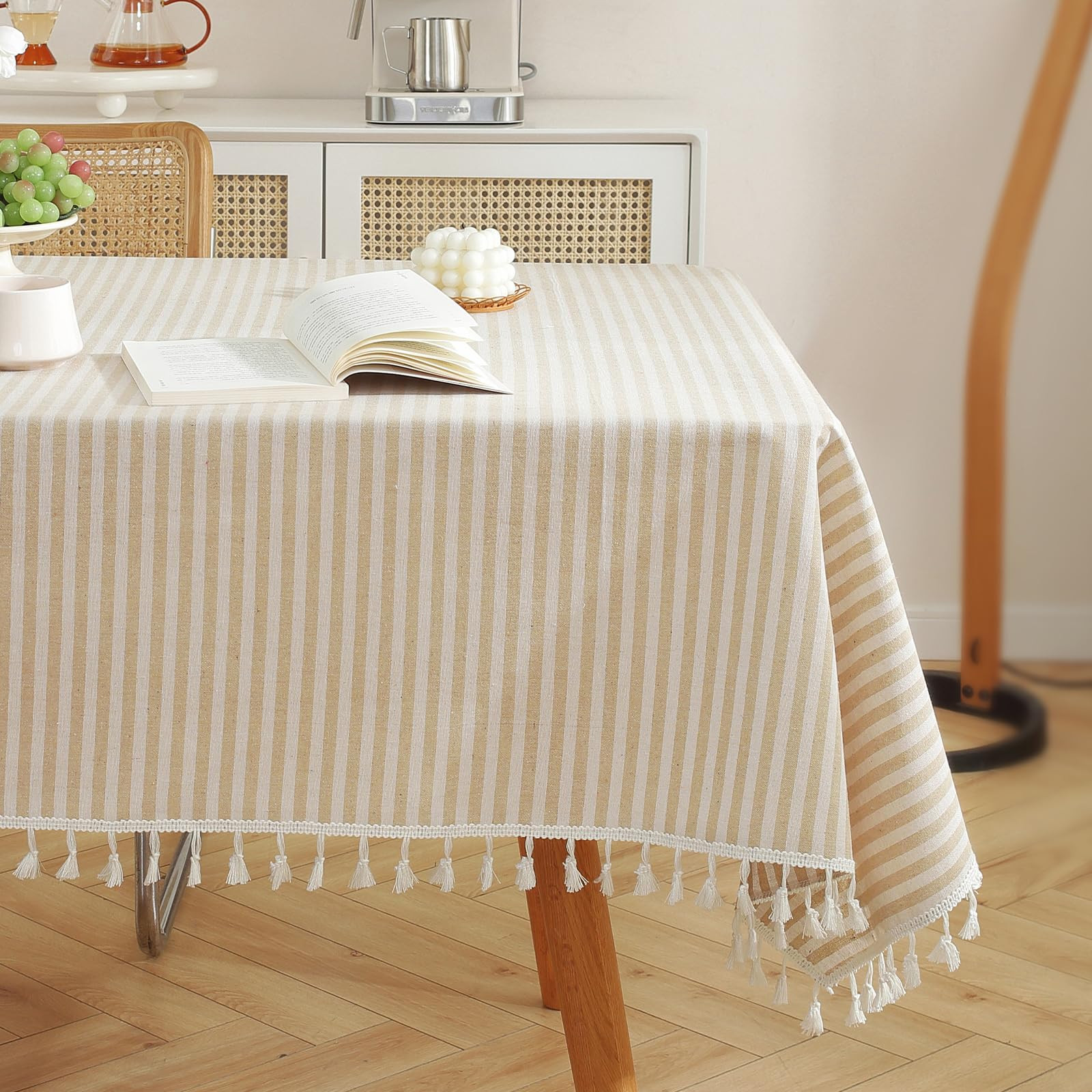 meioro Table Cloth Beige Striped Tablecloth Tassels Cotton Blend Dust-Proof Table Cover for Dinin... | Amazon (US)
