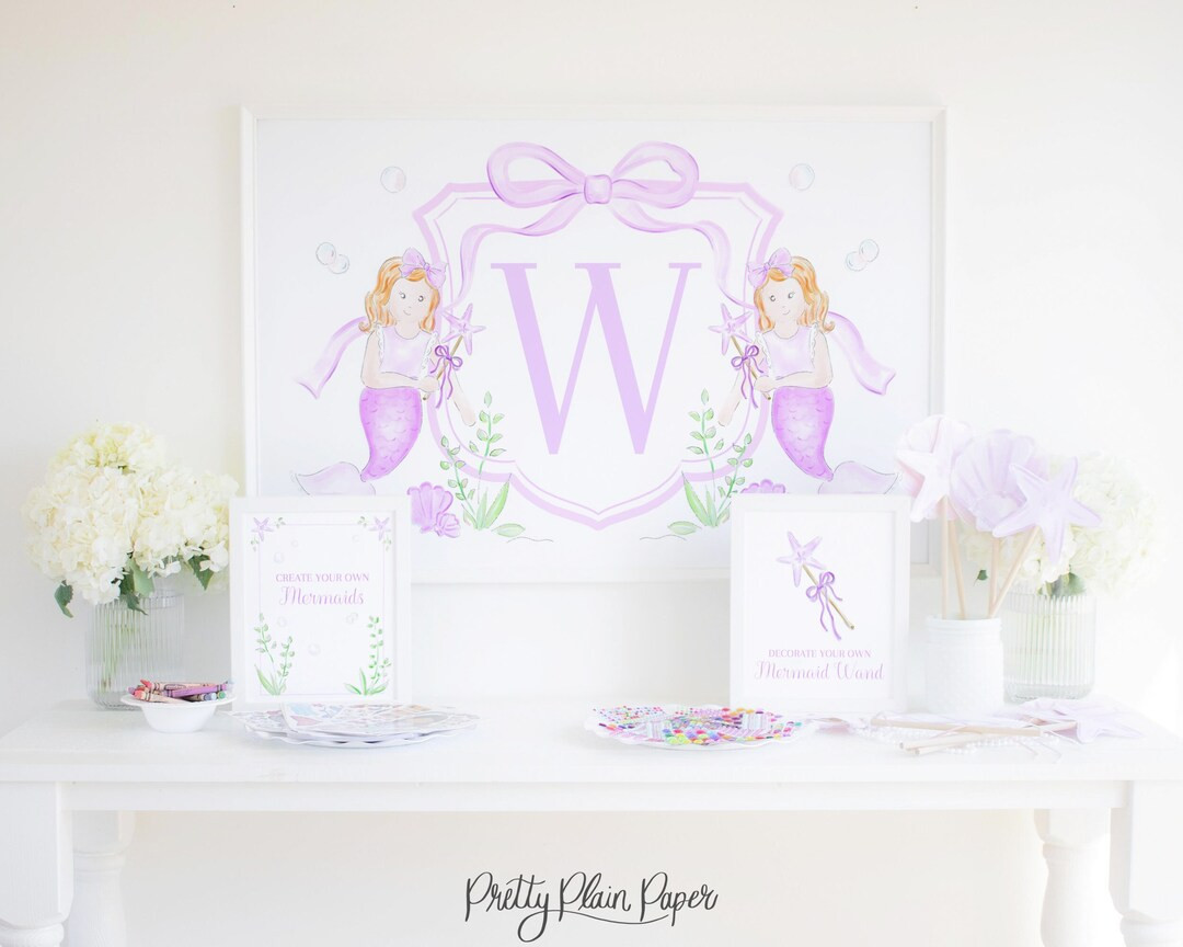 Watercolor Mermaid Crest Backdrop With Bow and Monogram 24x36 Printable Download Under the Sea Pu... | Etsy (US)