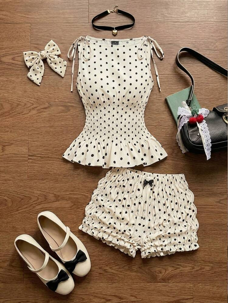 SHEIN MOD Women's Black White Polka Dot 2 Pieces Set,Cute Sleeveless Top And Shorts,Summer Vacati... | SHEIN