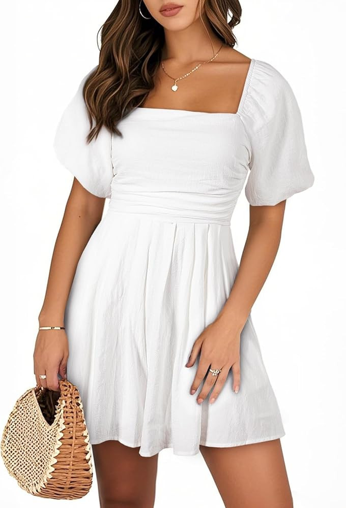 AlvaQ Womens Summer Cute Puff Sleeve Elastic Square Neck Mini Short Romper with Pockets | Amazon (US)