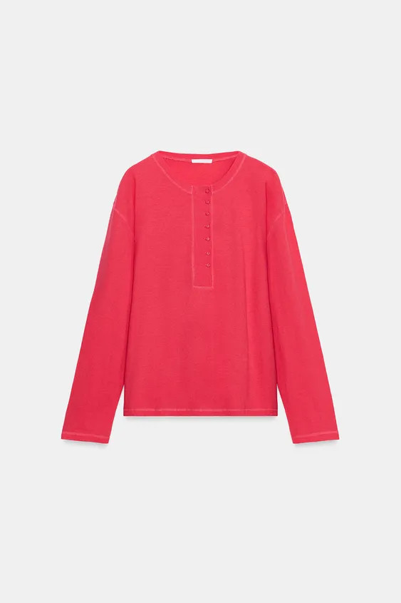 LINEN BLEND HENLEY T-SHIRT | Zara UK