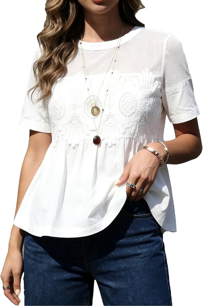 Lace Short Sleeve Babydoll Top Pleated Hem Mesh Detailing Elegant Casual Blouse for Beach Vacatio... | Amazon (US)