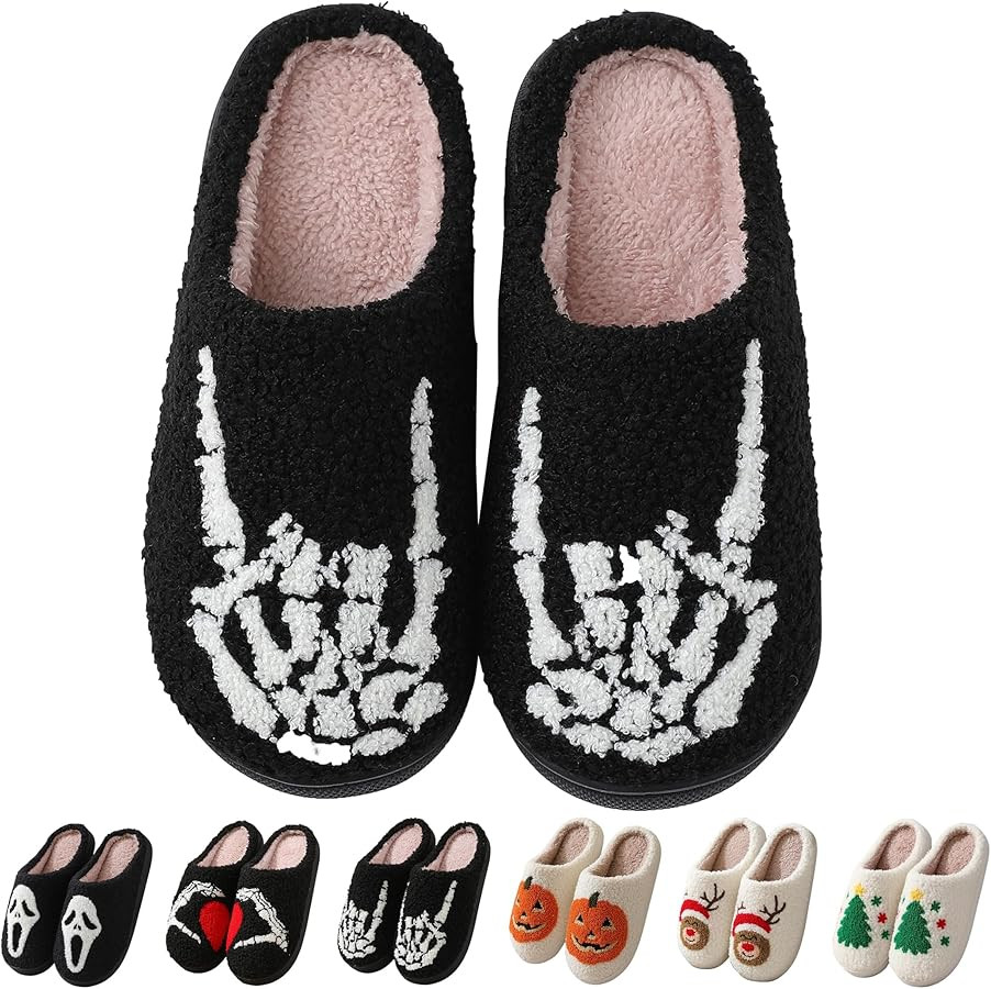 Halloween Slippers for Women Men, Soft Plush Fuzzy Winter holiday slippers, Retro Cozy House Slip... | Amazon (US)