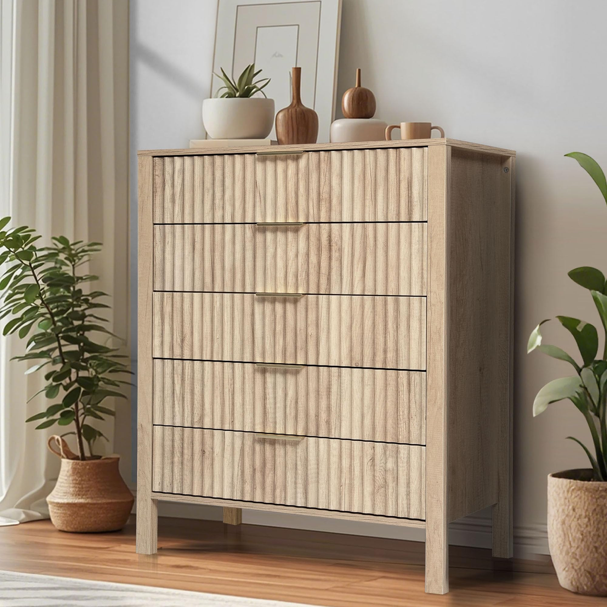 Fluted 5 Drawer Dresser, Wooden Chest of Drawers with Wide Metal Handles, 42" Tall Storage Dresse... | Amazon (US)