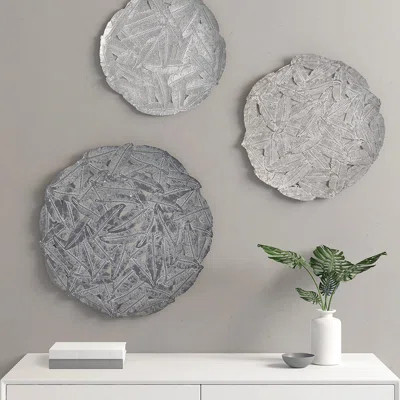 3 Textured Feather Wall Decoration - Grey, 20", 17.25", 14.25" , Indoor Hanging, Hook Ring Mount Disc Decor Grey Color, Mounting, | Wayfair North America