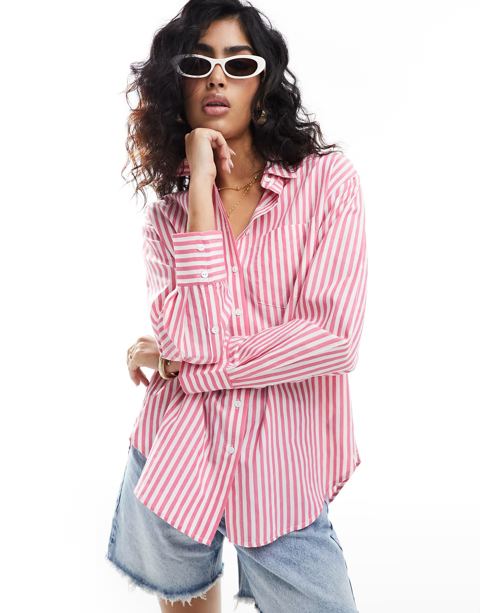 Stradivarius oversized poplin shirt in pink stripe | ASOS (Global)