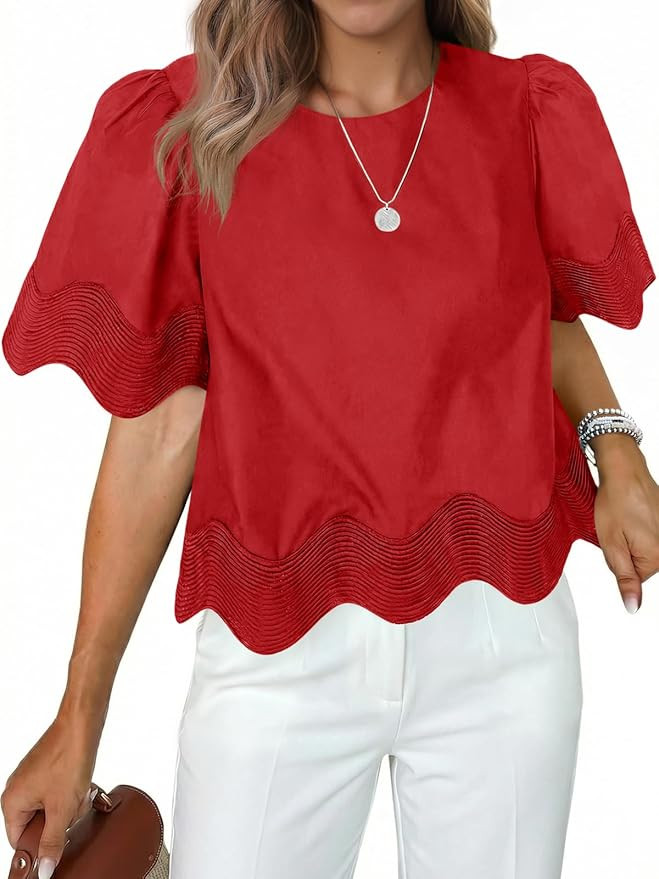 Tankaneo Womens Short Sleeve Crop Tops Summer Casual Scalloped Flowy Blouse Crewneck Ruffle Loose... | Amazon (US)