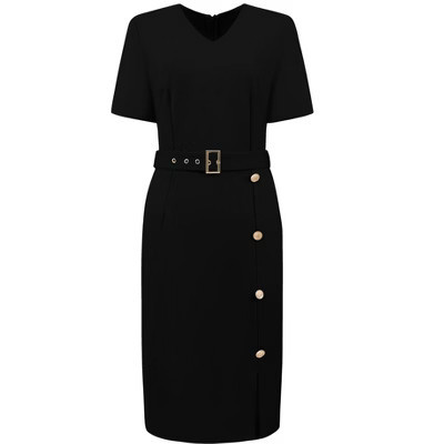 INSPIRE CHIC Women's V Neck Side Slit Belted Button Decor Short Sleeve 2026 Sheath Dresses Small Black | Target