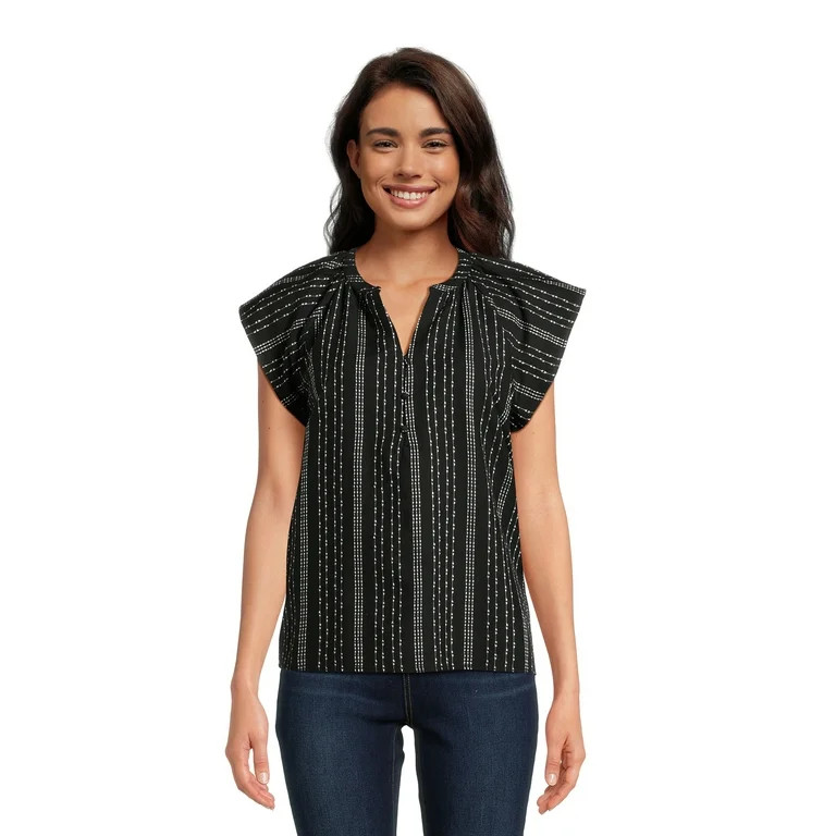 Time and Tru Women's Split Neck Top with Flutter Sleeves, Sizes XS-XXXL | Walmart (US)