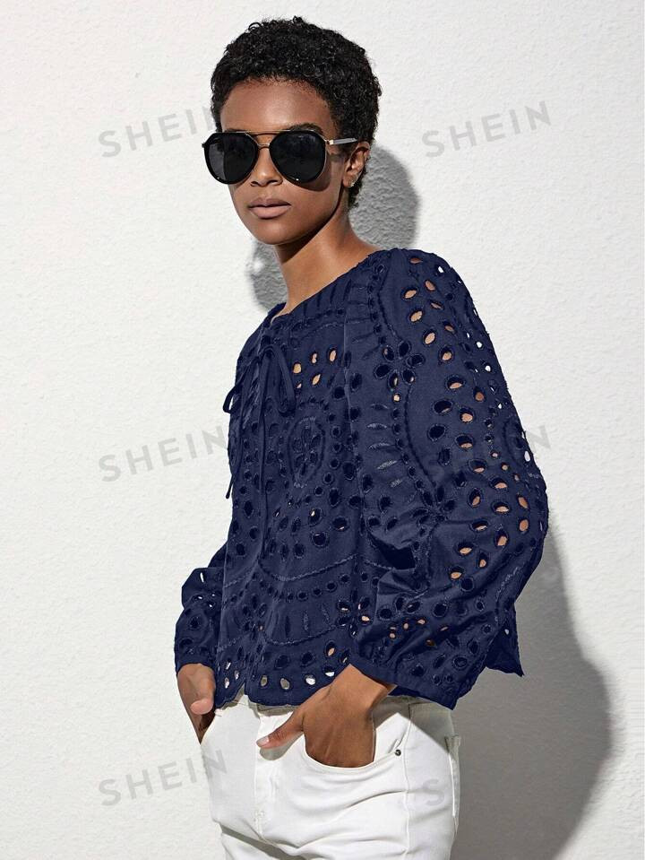 SHEIN Modichic Tie Neck Eyelet Embroidery Hollow Out Blouse | SHEIN
