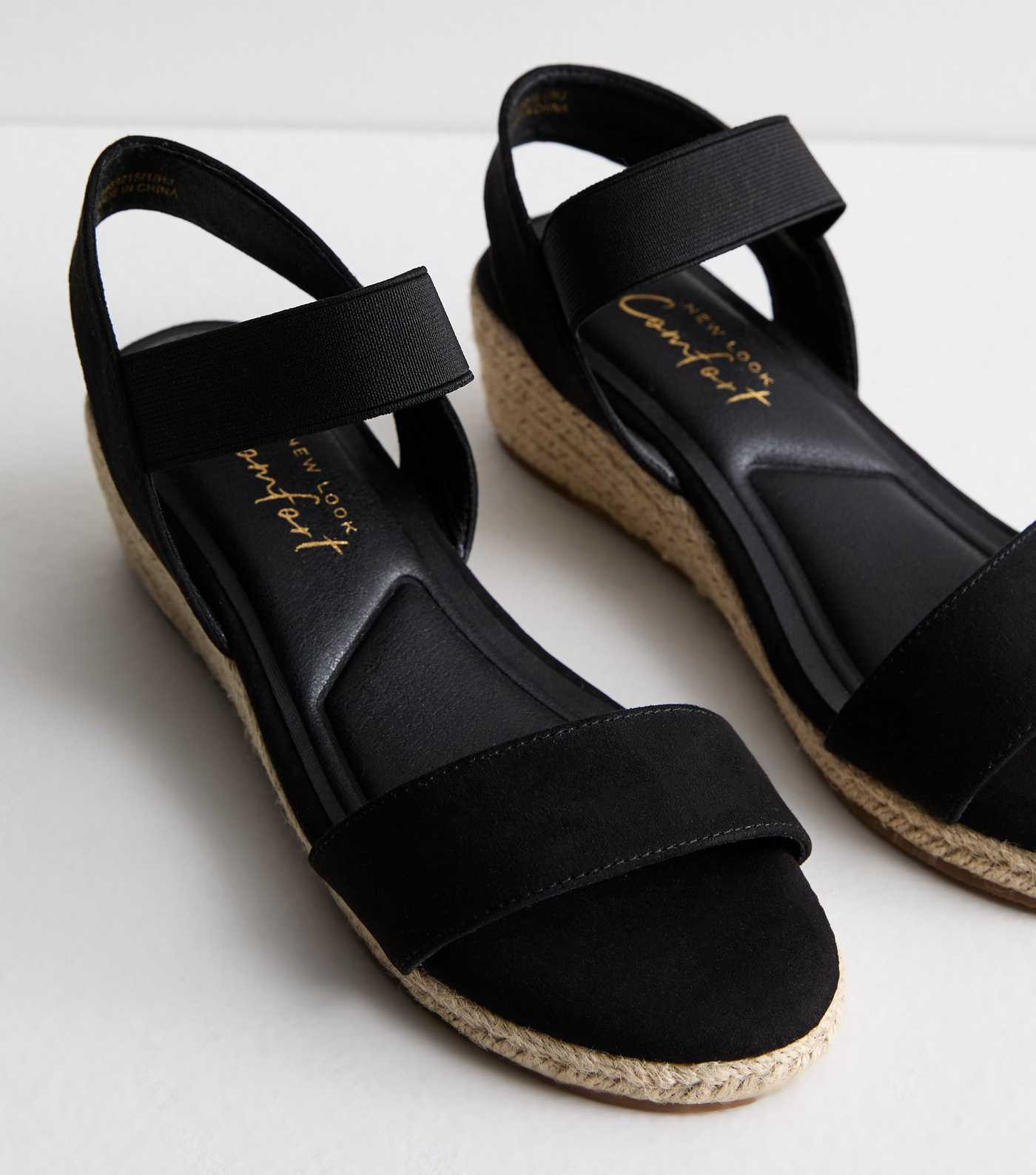 Wide Fit Black Low Raffia Wedge Suedette Sandals  | New Look | New Look (UK)