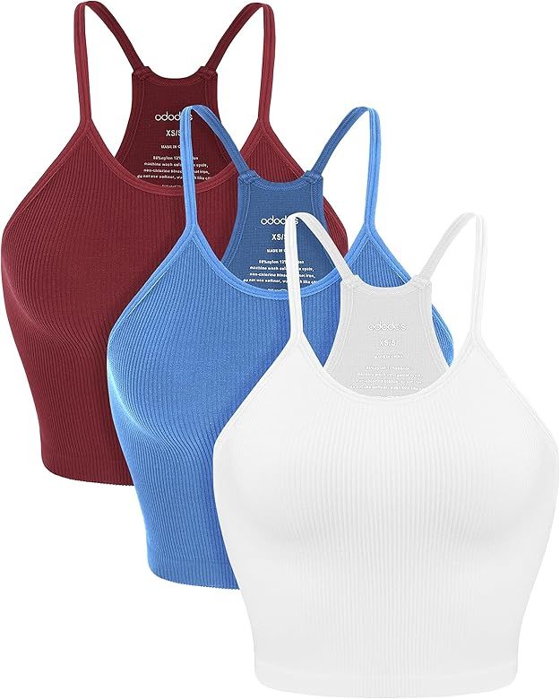 ODODOS Women's Crop 3-Pack Washed Seamless Rib-Knit Camisole Crop Tank Top | Amazon (US)