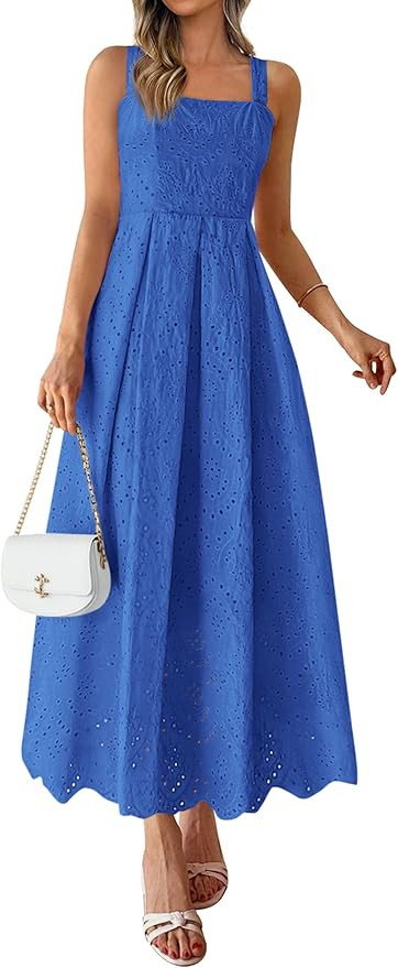 PRETTYGARDEN Womens Sleeveless Maxi Summer Dresses 2026 Hollow Out Eyelet Square Neck Ruffle Flow... | Amazon (US)