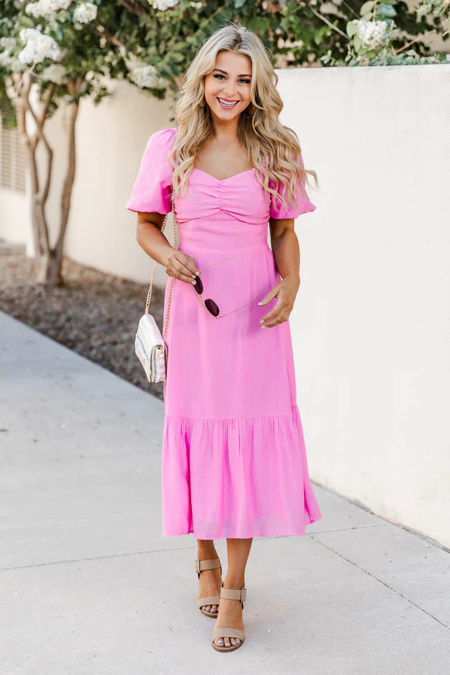 Wednesdays We Wear Pink Puff Sleeve Midi Dress | Pink Lily