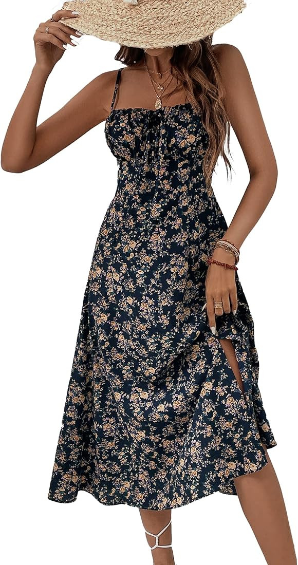 BROVAVE Women's 2025 Summer Dress Floral Print Spaghetti Strap Square Neck Tie Front Smocked Midi... | Amazon (US)