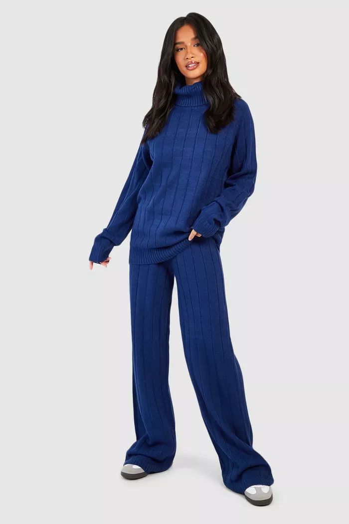 Petite Wide Rib Roll Neck & Trouser Knitted Co-ord | Boohoo.com (UK & IE)