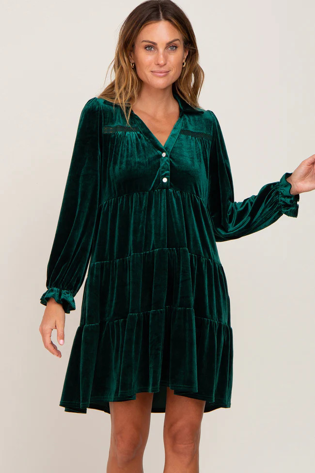 Green Velvet Long Sleeve Tiered Collared Dress | PinkBlush Maternity
