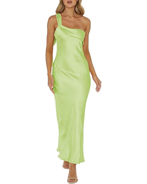2026 Satin One Shoulder Maxi Dress for Women Summer Silk Formal Elegant Backless Ruffle Sleeveles... | Amazon (US)